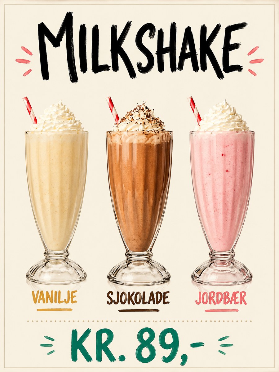 Milkshake laget med softis - vanilje, sjokolade og jordbær
