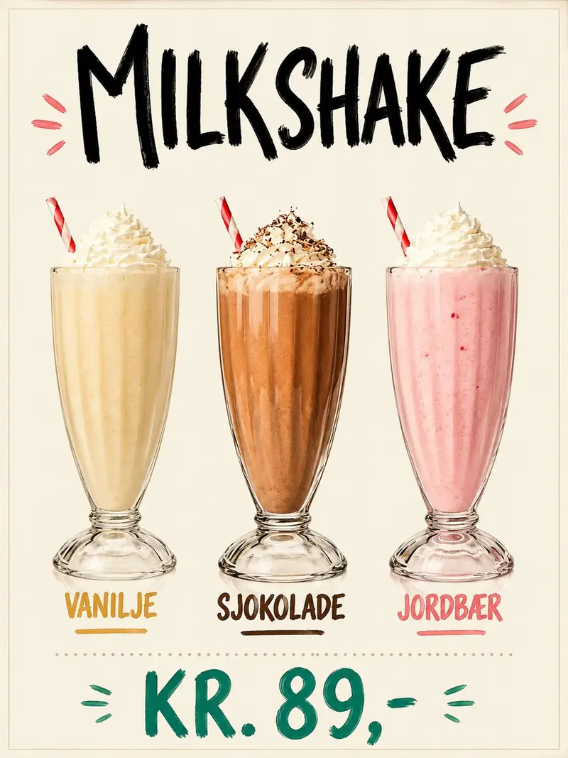 Milkshake laga med softis - vanilje, sjokolade og jordbær